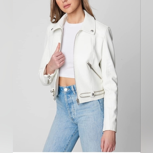 Blank NYC Jackets & Blazers - womens White Leather Hooded Moto Jacket With Zipper Pockets and